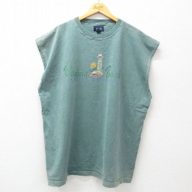 XL★古着 ノースリーブ ビンテージ Tシャツ メンズ バージニアビーチ 灯台 大きいサイズ ロング丈 コットン クルーネック 緑 グリーン 25jun30 中古
