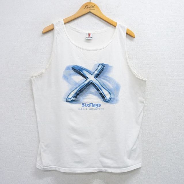 【20%OFF】XL★古着 タンクトップ メンズ シックスフラッグス X 大きいサイズ クルーネック 白 ホワイト 25jul02 中古