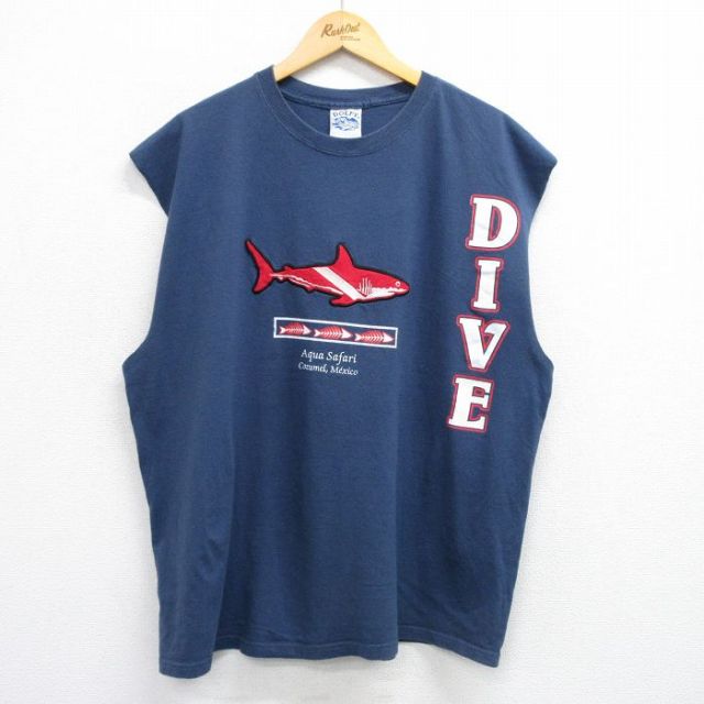 XL★古着 ノースリーブ Tシャツ メンズ サメ DIVE 大きいサイズ コットン クルーネック 紺 ネイビー 25jul03 中古