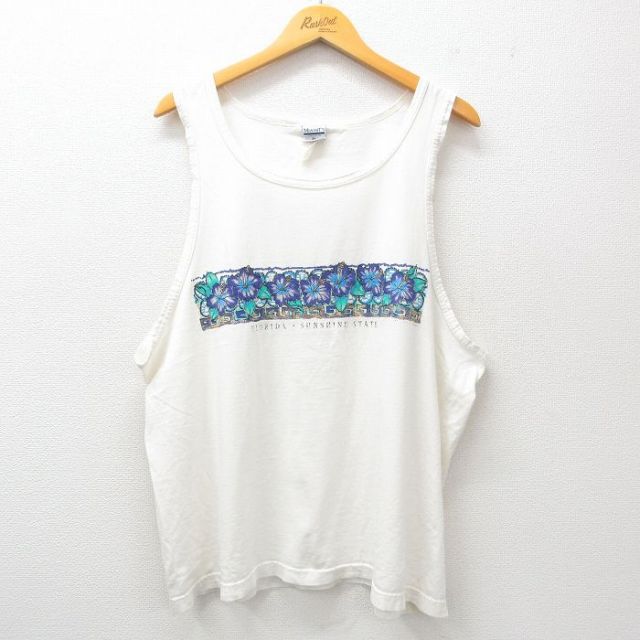 XL★古着 ビンテージ タンクトップ メンズ 00年代 00s ハイビスカス 大きいサイズ クルーネック 白 ホワイト 25jul03 中古