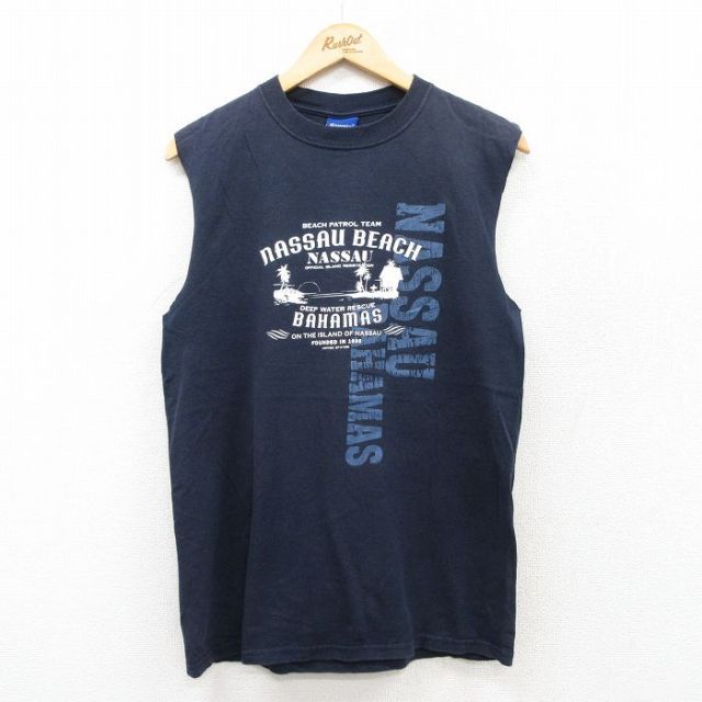 【50%OFF】チャンピオン 00s ノースリーブTシャツ NASSAU BEACH ネイビー M | 古着