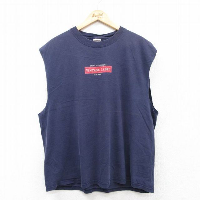 XL★古着 ノースリーブ ビンテージ 00年代 00s VINTAGE LABLE 大きいサイズ コットン クルーネック 紺 ネイビー 25jul04 中古 メンズ