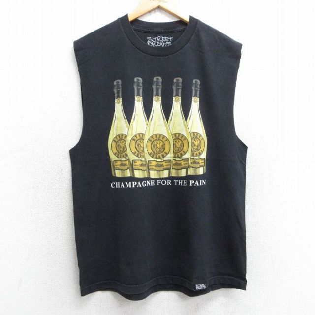 L★古着 ノースリーブ Tシャツ メンズ STREET DREAMS 酒 コットン クルーネック USA製 黒 ブラック 25jul05 中古