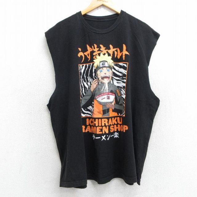 XL★古着 ノースリーブ Tシャツ メンズ アニメ ナルト疾風伝 一楽 大きいサイズ クルーネック 黒 ブラック 25jul05 中古