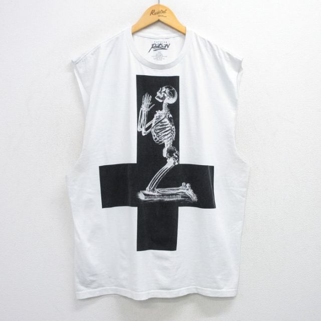 XL★古着 ノースリーブ Tシャツ メンズ スケルトン 十字架 大きいサイズ コットン クルーネック 白 ホワイト 25jul05 中古