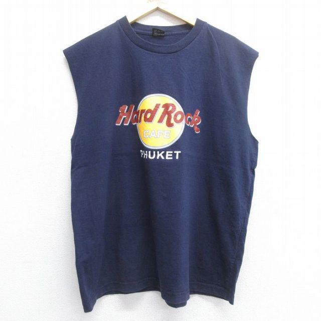 XL★古着 ノースリーブ ビンテージ Tシャツ メンズ 00年代 00s ハードロックカフェ プーケット 大きいサイズ コットン クルーネック 紺 ネイビー 25jul07 中古