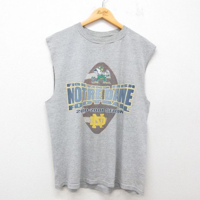 XL★古着 TULTEX ノースリーブ ビンテージ Tシャツ メンズ 00年代 00s ノートルダム フットボール クルーネック グレー 霜降り 25jul07 中古