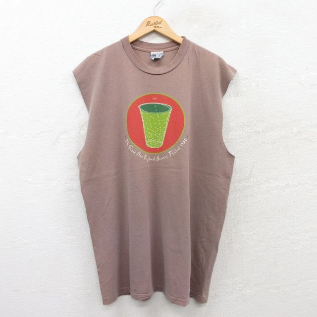 XL★古着 ノースリーブ ビンテージ Tシャツ メンズ 90年代 90s ジュース 大きいサイズ コットン クルーネック カナダ製 薄茶 ブラウン 25jul08 中古
