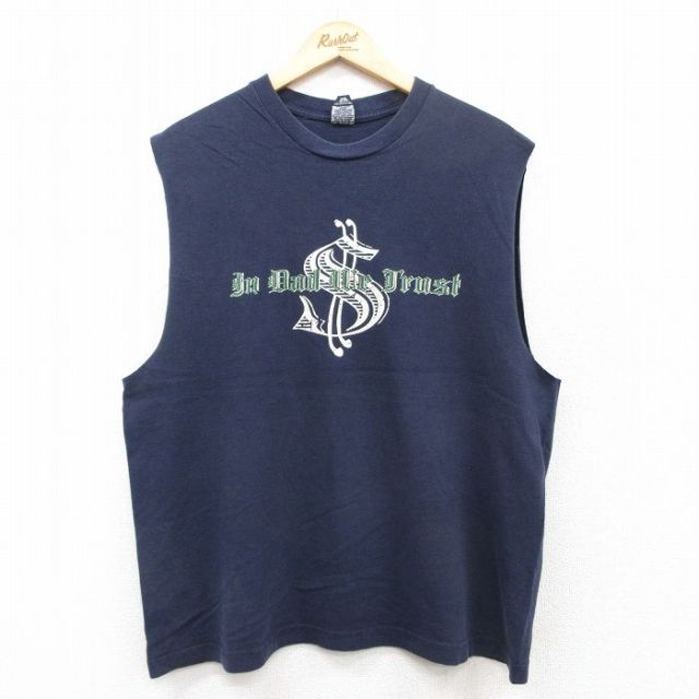 【50%OFF】XL★古着 ノースリーブ ビンテージ Tシャツ メンズ 00年代 00s 　In Dad We Trust コットン クルーネック 紺 ネイビー 25jul08 中古