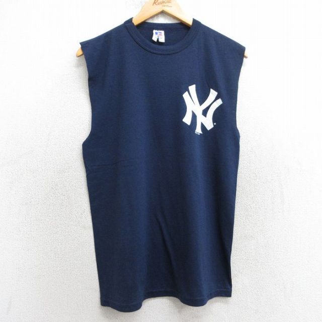 M★古着 ラッセル ノースリーブ ビンテージ Tシャツ メンズ 00年代 00s MLB ニューヨークヤンキース クルーネック 紺 ネイビー メジャーリーグ ベースボール 野球 25jul08 中古