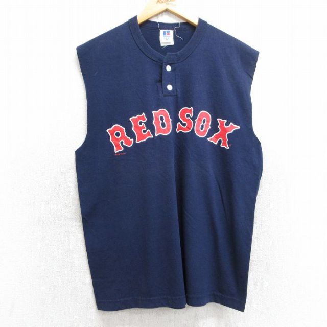 L★古着 ラッセル ノースリーブ ビンテージ Tシャツ メンズ 00年代 00s MLB ボストンレッドソックス ヘンリーネック 紺 ネイビー メジャーリーグ ベースボール 野球 25jul08 中古