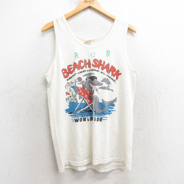 M★古着 ビンテージ タンクトップ メンズ 80年代 80s サメ ビーチ クルーネック USA製 生成り 25jul10 中古