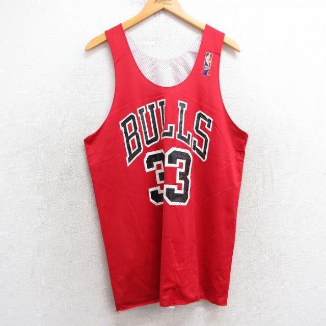 L★古着 チャンピオン champion タンクトップ メンズ NBA シカゴブルズ 33 メッシュ地 リバーシブル ロング丈 クルーネック 赤 レッド バスケットボール ユニフォーム ゲームシャツ 25jul10 中古