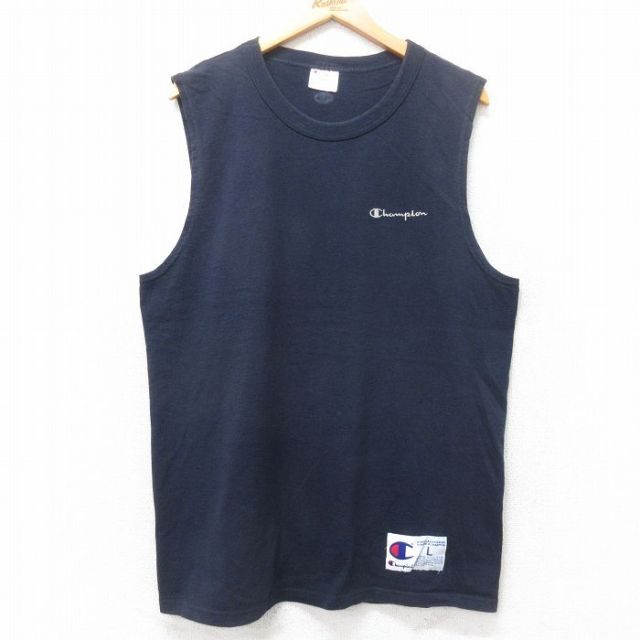 L★古着 チャンピオン champion ノースリーブ ビンテージ Tシャツ メンズ 00年代 00s ワンポイントロゴ コットン クルーネック 紺 ネイビー 25jul10 中古