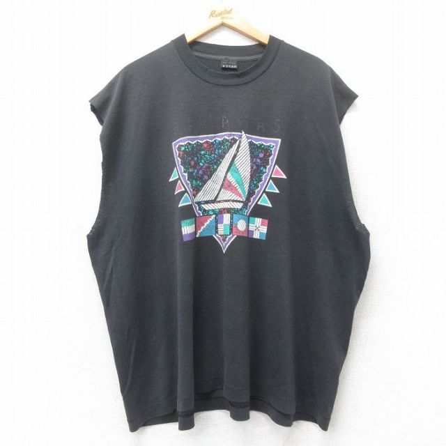 XL★古着 フルーツオブザルーム ノースリーブ ビンテージ Tシャツ メンズ 90年代 90s ヨット 大きいサイズ クルーネック USA製 黒 ブラック 【spe】 25jul10 中古