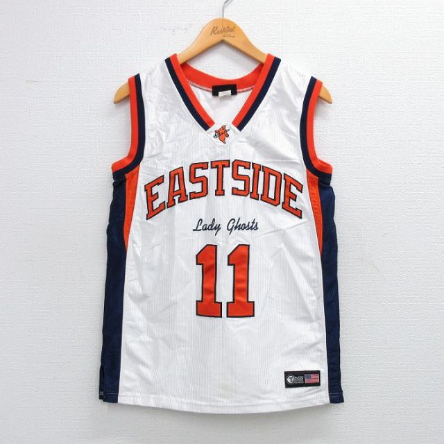 【50%OFF】M★古着 ノースリーブ ビンテージ Tシャツ レディース 90年代 90s EASTSIDE 11 Vネック USA製 白 ホワイト ユニフォーム ゲームシャツ 25jul10 中古