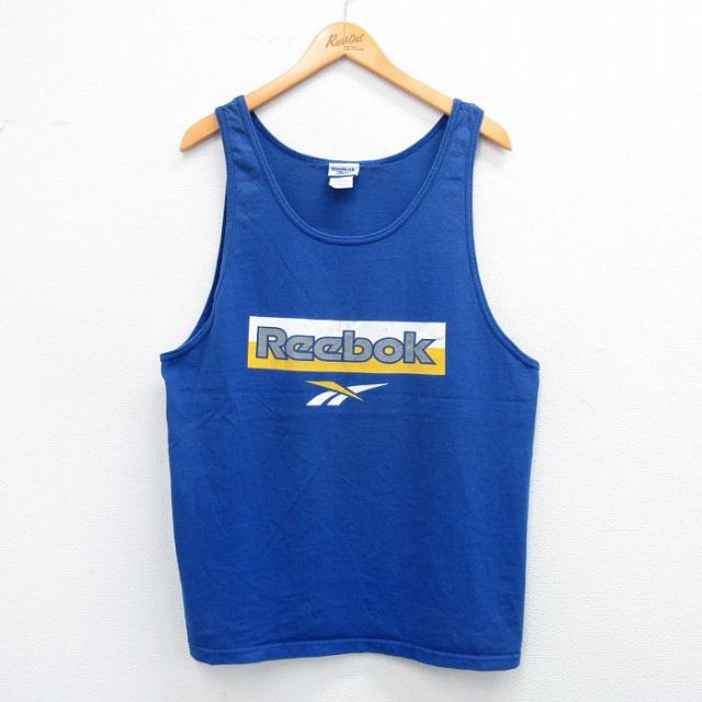 L★古着 リーボック REEBOK ビンテージ タンクトップ メンズ 90年代 90s ビッグロゴ コットン クルーネック USA製 青 ブルー 25jul10 中古