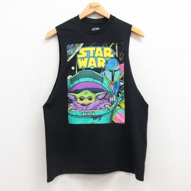 【50%OFF】M★古着 ノースリーブ Tシャツ メンズ スターウォーズ STAR WARS マンダロリアン コットン クルーネック 黒 ブラック 25jul12 中古
