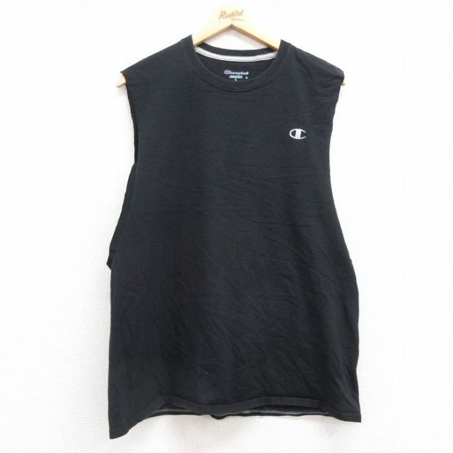 L★古着 チャンピオン Champion ノースリーブ Tシャツ メンズ ワンポイントロゴ コットン クルーネック 黒 ブラック 25jul12 中古