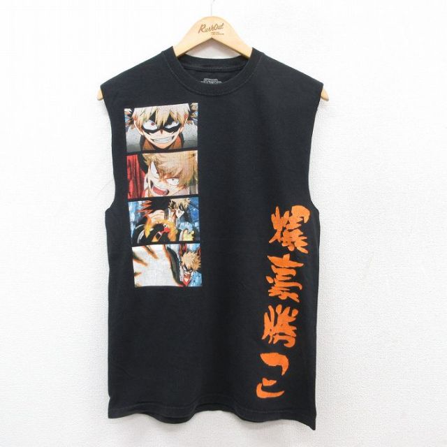 【50%OFF】M★古着 ノースリーブ Tシャツ メンズ アニメ 僕のヒーローアカデミア 爆豪勝己 コットン クルーネック 黒 ブラック 25jul12 中古