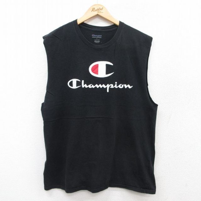 L★古着 チャンピオン Champion ノースリーブ Tシャツ メンズ ビッグロゴ コットン クルーネック 黒 ブラック 25jul12 中古