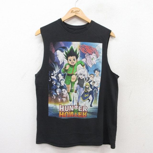 M★古着 ノースリーブ Tシャツ メンズ アニメ ハンターハンター コットン クルーネック 黒 ブラック 【spe】 25jul12 中古