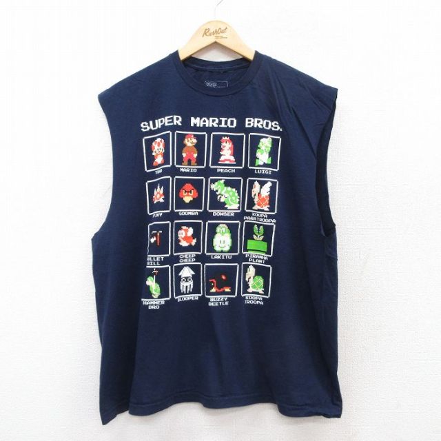 XL★古着 ノースリーブ Tシャツ メンズ ゲーム スーパーマリオブラザーズ 大きいサイズ コットン クルーネック 紺 ネイビー 25jul12 中古