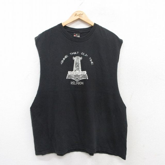 【50%OFF】XL★古着 ヘインズ Hanes ノースリーブ ビンテージ Tシャツ メンズ 00年代 00s RELIGION 大きいサイズ コットン クルーネック 黒 ブラック 25jul12 中古