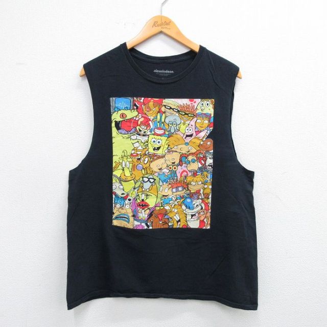 L★古着 ノースリーブ Tシャツ メンズ アニメ ニコロデオン スポンジボブ ラグラッツ コットン クルーネック 黒 ブラック 25jul12 中古