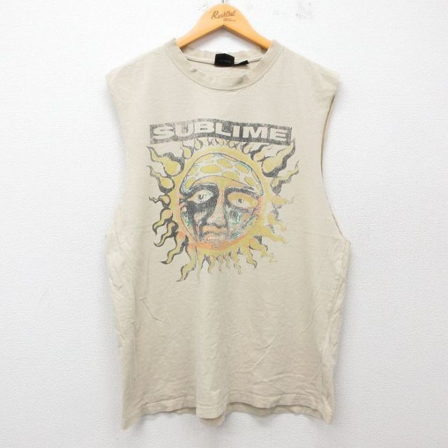【50%OFF】XL★古着 ノースリーブ ロック バンド Tシャツ メンズ サブライム コットン クルーネック ベージュ カーキ 25jul12 中古