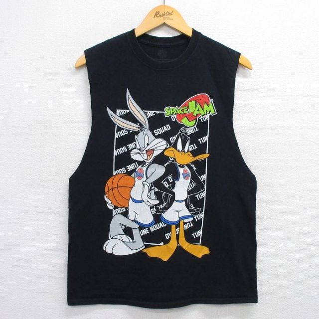 M★古着 ノースリーブ Tシャツ メンズ ルーニーテューンズ LOONEY TUNES バッグスバニー ダフィーダック スペースジャム コットン クルーネック 黒 ブラック 25jul14 中古