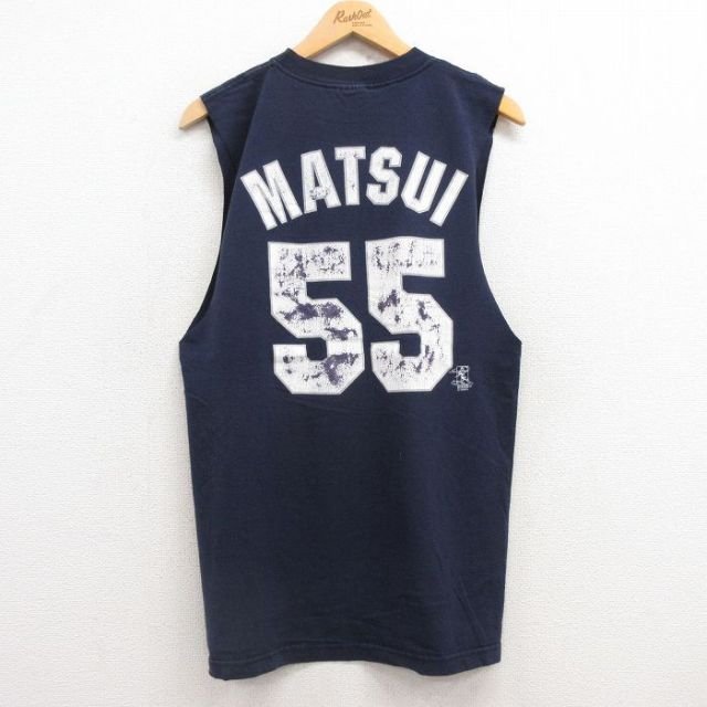 M★古着 マジェスティック ビンテージ ノースリーブ Tシャツ メンズ 00年代 00s MLB ニューヨークヤンキース 松井秀喜 SS コットン クルーネック 紺 ネイビー メジャーリーグ ベースボール 野球 【spe】 25jul17 中古