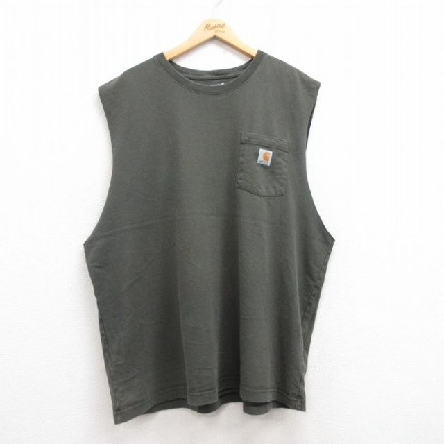 【20%OFF】XL★古着 カーハート Carhartt ノースリーブ Tシャツ メンズ 胸ポケット付き 大きいサイズ ロング丈 コットン クルーネック 緑 グリーン 25jul17 中古