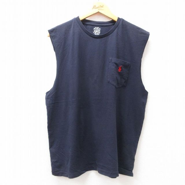 L★古着 ラルフローレン Ralph Lauren ノースリーブ ブランド Tシャツ メンズ ワンポイントロゴ 胸ポケット付き コットン クルーネック 紺 ネイビー 25jul17 中古