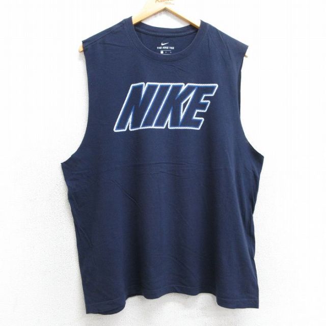 XL★古着 ナイキ NIKE ノースリーブ Tシャツ メンズ ビッグロゴ クルーネック 紺 ネイビー 25jul17 中古