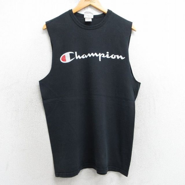 L★古着 チャンピオン champion ノースリーブ Tシャツ メンズ ビッグロゴ コットン クルーネック 黒 ブラック 25jul17 中古