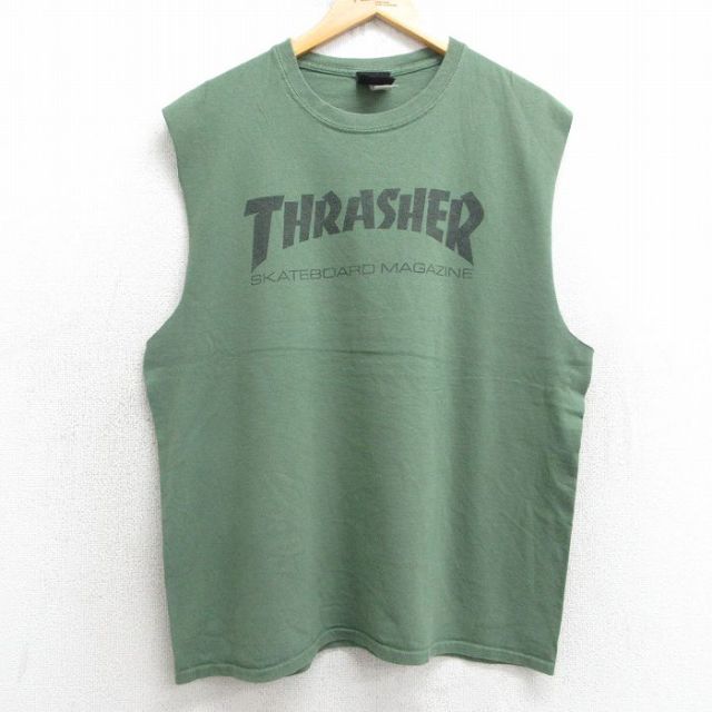 L★古着 スラッシャー ノースリーブ Tシャツ メンズ ビッグロゴ コットン クルーネック 濃緑 グリーン 25jul17 中古