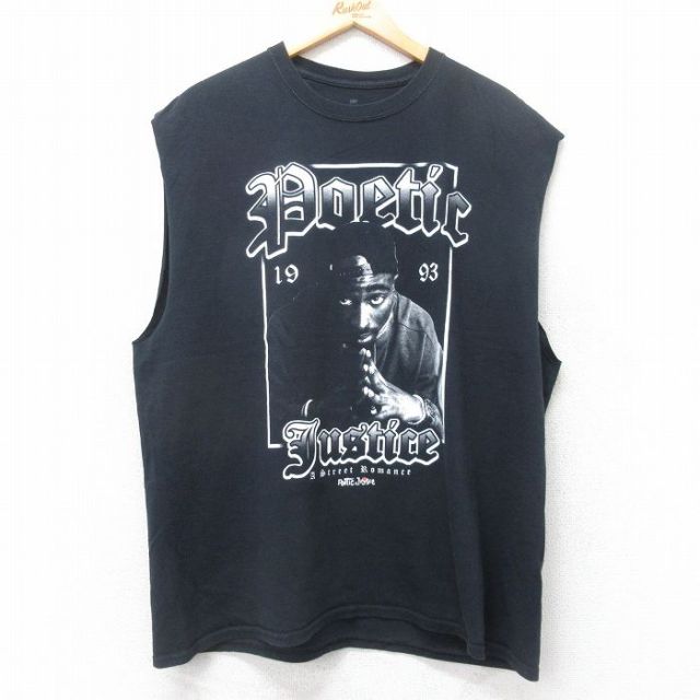 XL★古着 ノースリーブ Tシャツ メンズ 映画 ポエティックジャスティス トゥパック 2パック 2PAC 大きいサイズ コットン クルーネック 黒 ブラック 25jul17 中古