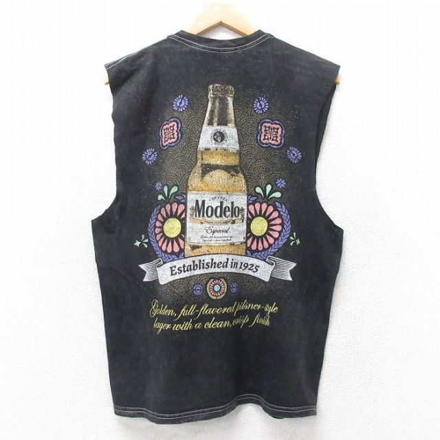 L★古着 リップルジャンクション ノースリーブ Tシャツ メンズ モデロ ビール コットン クルーネック 黒他 ブラック 25jul17 中古