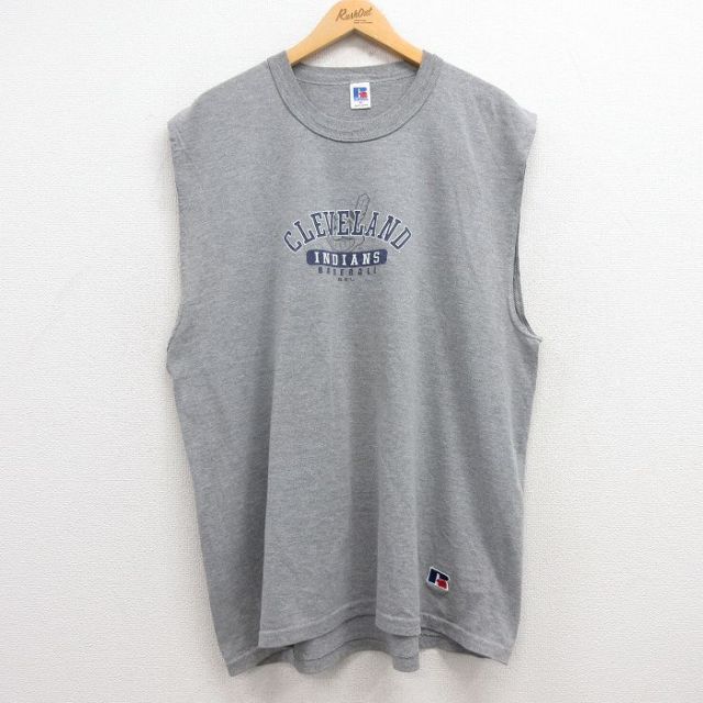 XL★古着 ラッセル ノースリーブ ビンテージ Tシャツ メンズ 00年代 00s MLB クリーブランドインディアンス 大きいサイズ クルーネック グレー 霜降り メジャーリーグ ベースボール 野球 25jul17 中古
