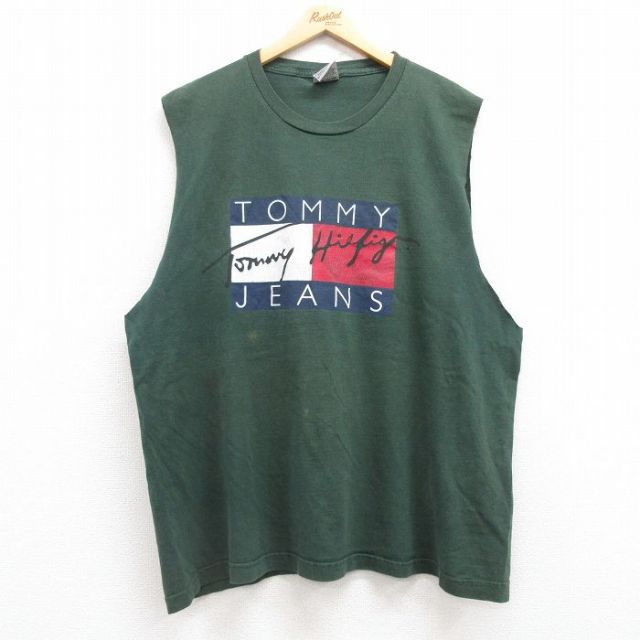 トミーヒルフィガー 90s ノースリーブTシャツ ビッグロゴ グリーン XL | 古着