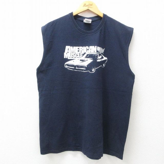 XL★古着 ノースリーブ Tシャツ メンズ 車 クラシックカー コットン クルーネック 濃紺 ネイビー 25jul17 中古