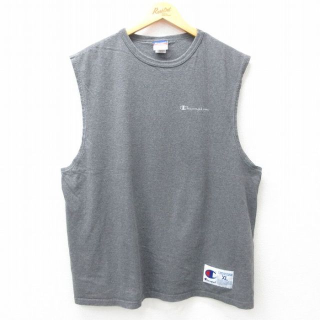 【50%OFF】XL★古着 チャンピオン champion ノースリーブ ビンテージ Tシャツ メンズ 00年代 00s ワンポイントロゴ 大きいサイズ コットン クルーネック 濃グレー 霜降り 25jul17 中古