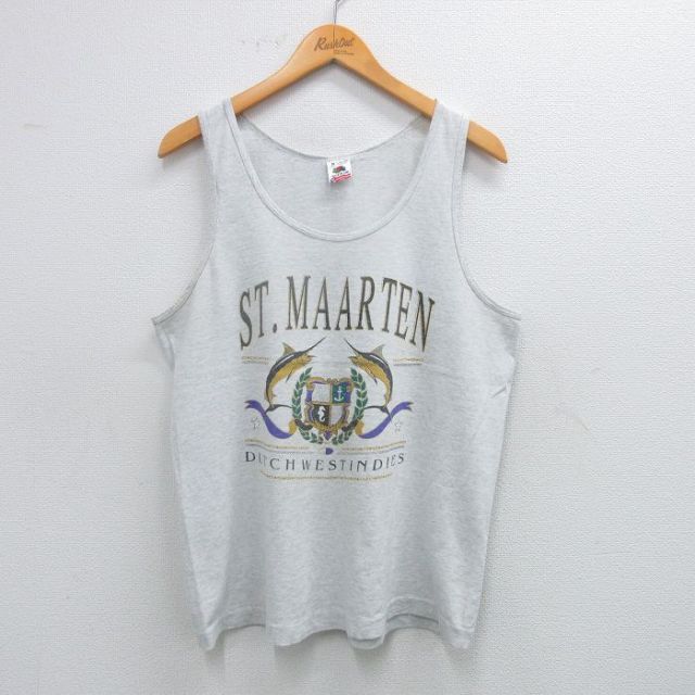 M★古着 フルーツオブザルーム ビンテージ タンクトップ メンズ 90年代 90s ST MAARTEN カジキ クルーネック USA製 薄グレー 霜降り 25jul18 中古