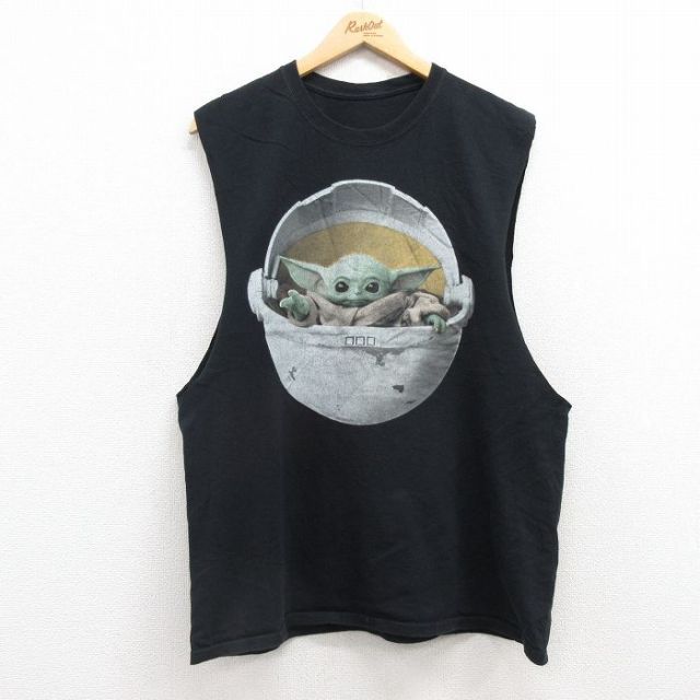 L★古着 ノースリーブ Tシャツ メンズ スターウォーズ STAR WARS ベビーヨーダ クルーネック 黒 ブラック 25jul19 中古