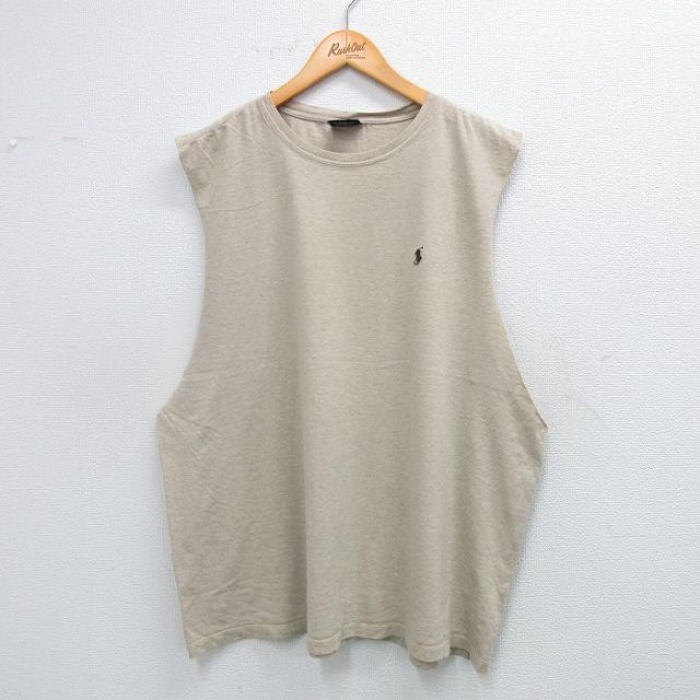 XL★古着 ラルフローレン Ralph Lauren ノースリーブ ブランド Tシャツ メンズ ワンポイントロゴ 大きいサイズ コットン クルーネック ベージュ カーキ 25jul19 中古