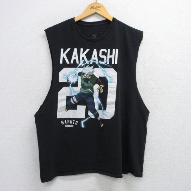 XL★古着 ノースリーブ Tシャツ メンズ アニメ ナルト疾風伝 はたけカカシ クルーネック 黒 ブラック 25jul19 中古