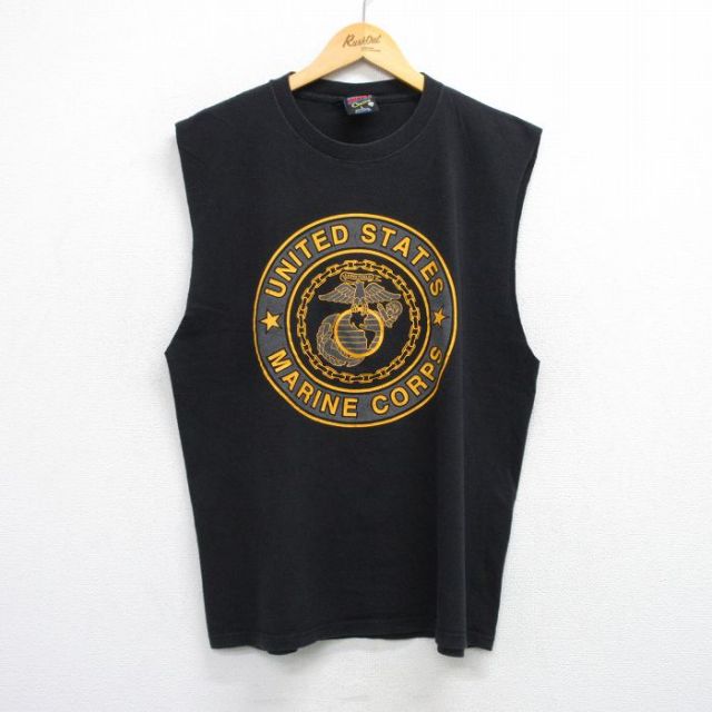 XL★古着 ノースリーブ ビンテージ Tシャツ メンズ 90年代 90s ミリタリー USMC リフレクター コットン クルーネック USA製 黒 ブラック 25jul19 中古