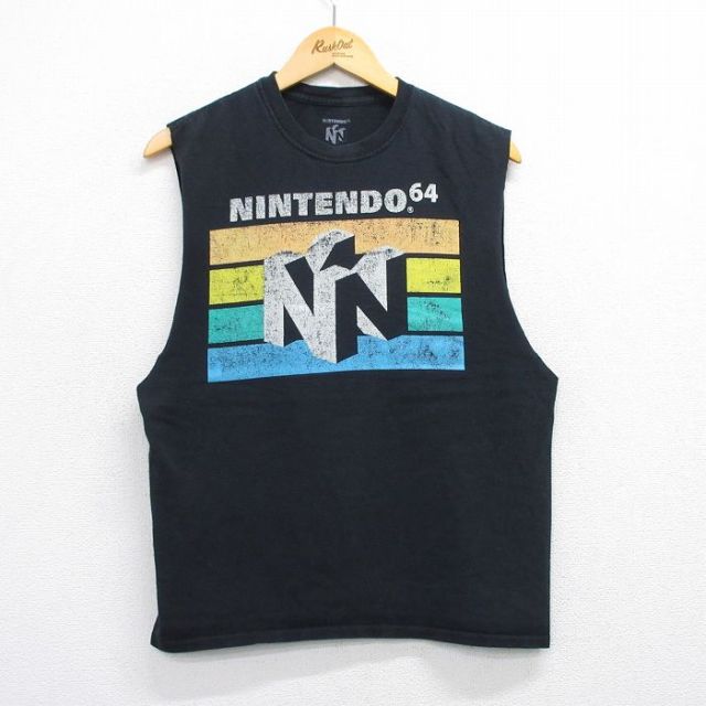 M★古着 ノースリーブ Tシャツ メンズ ゲーム ニンテンドー64 コットン クルーネック 黒 ブラック 25jul19 中古