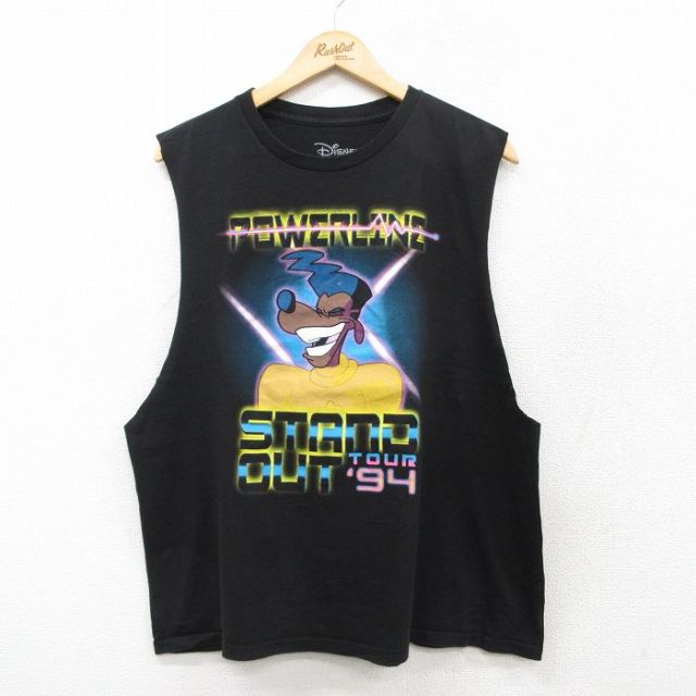 【50%OFF】XL★古着 ノースリーブ Tシャツ メンズ ディズニー DISNEY パワーライン コットン クルーネック 黒 ブラック 25jul19 中古